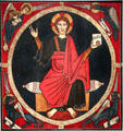 Fresco of Christ with winged animal symbols of Evangelists Matthew, Mark, Luke & John from church of St Marti de Tost at Museu Nacional d'Art de Catalunya. Barcelona, Spain.