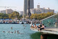 Curves of Rambla de Mar walkway against Rambla shoreline. Barcelona, Spain.