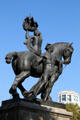 Barcelona sculpture group of horse with man holding wheel of industry & woman holding sailing ship by Federico Mares Deulovol in Plaza Catalunya. Barcelona, Spain