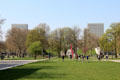 lawn with four towers of National Library across the Seine. Paris, France.
