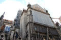 Northern rose window of Notre Dame Cathedral being protected after fire of 2019. Paris, France.