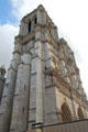 Western towers of Notre Dame Cathedral under restoration after fire of 2019. Paris, France.