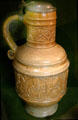 Stoneware covered drinking flask with Low Countries royal portraits at Museum of Decorative Arts. Paris, France.
