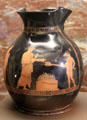 Athenian red-figure terracotta oinochoe wine vessel with sacrifice scene at Louvre Museum. Paris, France.