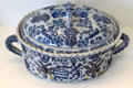 Ceramic covered tureen painted with Latin phrases by Jacobus Hennekens from Bailleul, France at Sèvres National Ceramic Museum. Paris, France.