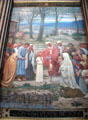 In 429 CE, St Germain d'Auxerre & St Loup de Troyes going to England stopped in Nanterre & met a child who they predicted great acts. She became St Geneviève, patron saint of Paris painted mural at Pantheon. Paris, France.