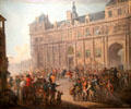 Killing of Jacques de Flesselles July 14, 1789 high civic official of Paris on steps of City Hall painting by Jean-Baptiste Lallemand at Carnavalet Museum. Paris, France.