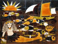 Mermaid & fish in setting sun painting on ceramic tile by Dodik Jégou. St Malo, France.