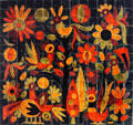 Rooster & chickens among flowers painting on ceramic tile by Dodik Jégou. St Malo, France.