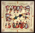 Graphic illustrating wedding in Normandy regional dress at Museum of Normandy. Caen, France.