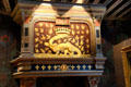 Council Chamber fireplace salamander amid flames at Blois Chateau. Blois, France.