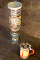 Earthenware vase with hunting décor by Villeroy & Boch of Germany & stein from France at Blois Chateau. Blois, France.