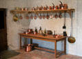 Copper pots & pans in kitchen at Chambord Chateau. Chambord, France.