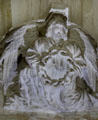 Man with ring of snakes carved on column base around cloister at Fontevraud Abbey. Fontevraud, France.
