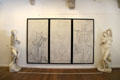 Satyr, Faun & Centaur with a Trident three panel paint & charcoal by Pablo Picasso flanked by casts of Michaelangelo's slaves at Picasso Museum. Antibes, France.