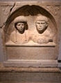 Roman marble stele with figures & epitaph of Licinia Flavilla & Sextus Adgennius Macrinus from Nimes house beside amphitheater at Musée de la Romanité. Nimes, France.