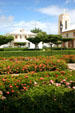 Flower covered central square & St François church. St François, Guadeloupe.