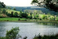 Glendalough Lake with cottages. Ireland.