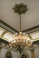 Throne room brass chandelier by Higginbotham, Thomas & Co. with symbols of the UK at Dublin Castle. Dublin, Ireland.