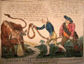 Slender Billy & Hopping Harry: trying to bring a Wild Irish Bull to Westminster cartoon reflects PM William Pitt's action to "tame" Ireland by making it part of UK after the Irish Rebellion of 1798 at Old Trinity Library. Dublin, Ireland.