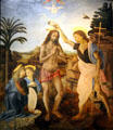 Baptism of Christ painting by Andrea del Verrocchio with angel in profile by Leonardo da Vinci at Uffizi Gallery. Florence, Italy.