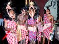 Masai dancers with traditional head dress in Amboseli National Park. Kenya.
