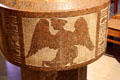 Angel carving, representing St Matthew Evangelist, on baptismal font at Cathedral of Our Lady. Luxembourg, Luxembourg.