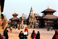 Overview of Durbar Square in Bhaktapur featuring Palace, Taleju Bell, Bhupatindra Malla Column, Vatsala Temple & Pashupatinath Temple. Nepal.