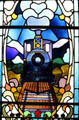 Stained glass window at Dunedin railway station. New Zealand.