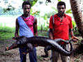 Carver of the crocodile and his brother holding the artwork in Tambanam. Papua New Guinea.