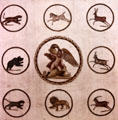 Roman mosaic tile floor man & eagle surrounded by circles with wild animals at Sousse Archeological Museum. Sousse, Tunisia.