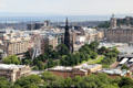 Scottish National Gallery on Princes Street Gardens with Festival Wheel, Scott Monument Gothic spire, Waverley rail station & Firth of Forth beyond. Edinburgh, Scotland.