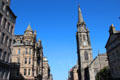 Scots Baronial corner tenement & Royal Mile Market on High St. Edinburgh, Scotland.