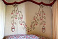Details of four poster bed embroidered hangings with slipper like pockets for holding small objects in bedchamber at Georgian House museum. Edinburgh, Scotland.