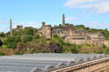 Monuments of Calton Hill over glass skylights of Waverly rail station. Edinburgh, Scotland.