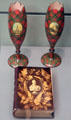 Mauchlineware vases with memorials to Sir Walter Scott & Scott's Poetical Works at Kelvingrove Art Gallery. Glasgow, Scotland.