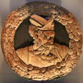 One of the nine worthies with fantastical headdress ring replica carving in Stirling Castle Palace gallery. Stirling, Scotland.