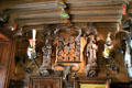 Wood work hung with arms in entrance hall at Abbotsford House. Melrose, Scotland.