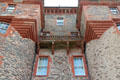 Architectural detail of transition between round towers & square superstructure at Thirlestane Castle. Scotland.