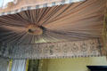 Bed canopy embroidered by Cecilia Bowes-Lyon with names of her ten children including Queen Mother Elizabeth in Queen Mother's bedroom at Glamis Castle. Angus, Scotland.