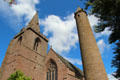 Medieval Irish-type round tower beside later Brechin Cathedral. Brechin, Scotland.