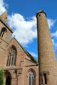 Medieval Irish-type round tower beside later Brechin Cathedral. Brechin, Scotland.