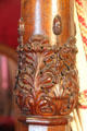 Carved oak leaves & acorns on bedpost of canopy bed made for queen's visit in Queen Victoria suite at Scone Palace. Perth, Scotland.