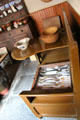 Farmhouse kitchen bench with fold down center table at Pitmedden Garden. Pitmedden, Scotland.