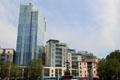 Modern glass fronted high rise building, Radisson Blu Hotel, viewed from Bristol center. Bristol, England.