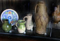 Array of jugs & a plate from Tudor, Elizabethan & Stuart periods at Broadway Museum & Art Gallery. Broadway, England.