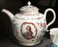 Early English porcelain punch pot hand overglaze painted with portrait of Prince Charles Edward Stuart to support Jacobite cause made in North Straffordshire at Potteries Museum & Art Gallery. Hanley, Stoke-on-Trent, England.