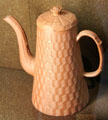 Red earthenware thrown coffee pot with lathed decoration prob. made in Straffordshire at Potteries Museum & Art Gallery. Hanley, Stoke-on-Trent, England
