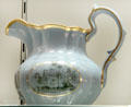 Blue earthenware jug transfer printed with view of Knypersley Hall, Staffordshire by Spode of Stoke-upon-Trent at Potteries Museum & Art Gallery. Hanley, Stoke-on-Trent, England.