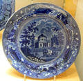 Earthenware blue printed plate depicting Philadelphia Waterworks by Ralph Stevenson & Williams of Cobridge, Staffordshire at Potteries Museum & Art Gallery. Hanley, Stoke-on-Trent, England.